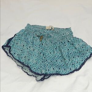 Paloma Blue: Teal Geometric Patterned Shorts with Navy Fringe Trim